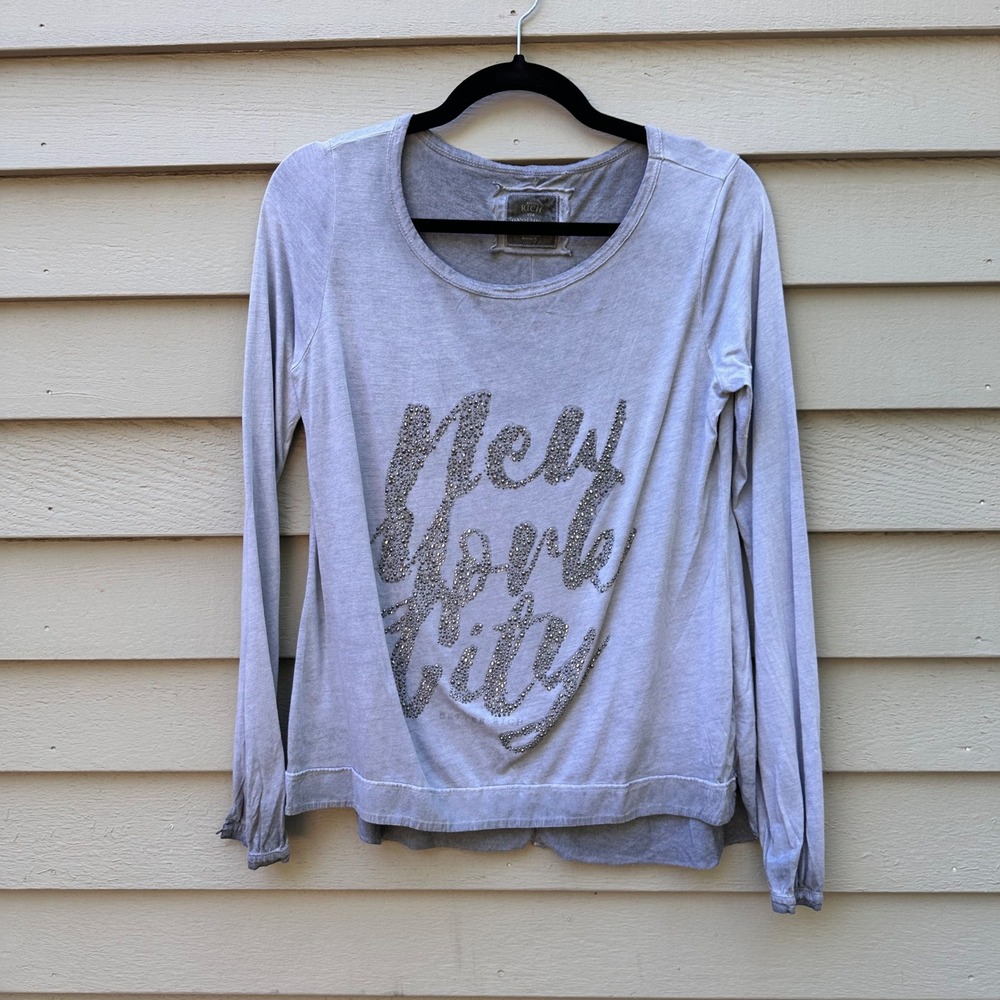 Better Rich Gray Rhinestone New York City Long Sleeve Graphic Top Cotton Modal - Picture 11 of 12